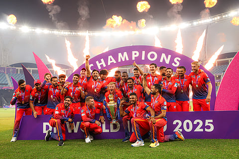 Dubai Capitals players celebrate after winning the 3rd edition of DP World ILT20 at Dubai International stadium last Sunday.