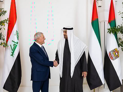 Sheikh Mohamed bin Zayed Al Nahyan, President of the United Arab Emirates, and Dr Abdul Latif Jamal Rashid, President of Iraq (L), during an official reception at Al Shati Palace.