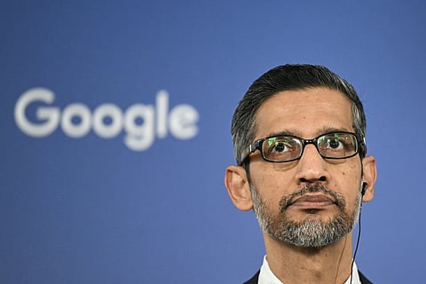 Google CEO Sundar Pichai attends a press conference with Poland's Prime Minister (unseen) after their meeting at the Google Campus on February 13, 2025 in Warsaw, Poland.