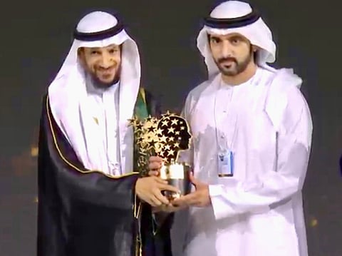 Saudi Arabian teacher Mansour bin Abdullah Al-Mansour, receiving the best teacher $1million award from Sheikh Hamdan bin Mohammed bin Rashid Al Maktoum at the World Government Sumit in Dubai,