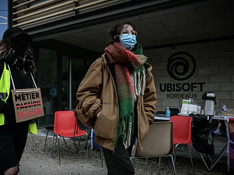 Employees demonstrate outside the French video game offices Ubisoft on February 13, 2024.