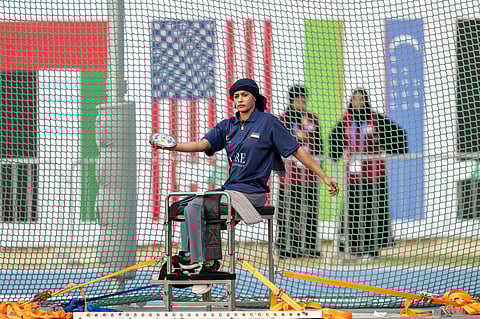 UAE’s Siham Alrasheedy as she clinched the women’s discus F52-57 gold medal at the ongoing 16th Fazza Para Athletics Grand Prix — Dubai 2025.