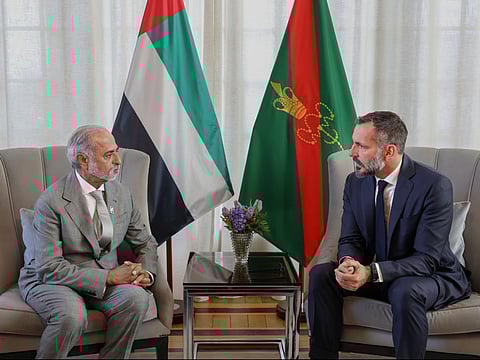 Sheikh Nahyan bin Mubarak Al Nahyan, Minister of Tolerance and Coexistence with Prince Rahim Al-Hussaini, Aga Khan V, the 50th Imam of the Ismaili community, in Lisbon