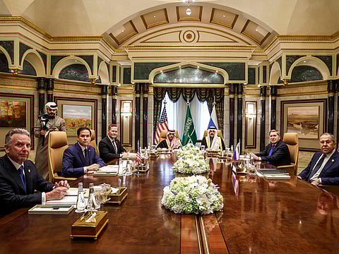 (L to R) US Middle East envoy Steve Witkoff, Secretary of State Marco Rubio, National Security Advisor Mike Waltz, Saudi Arabia's Foreign Minister Prince Faisal bin Farhan Al Saud, National Security Advisor Mosaad bin Mohammad Al Aiban, Russian President Vladimir Putin's foreign policy advisor Yuri Ushakov, and Foreign Minister Sergei Lavrov attend a meeting together at Riyadh's Diriyah Palace on February 18, 2025.