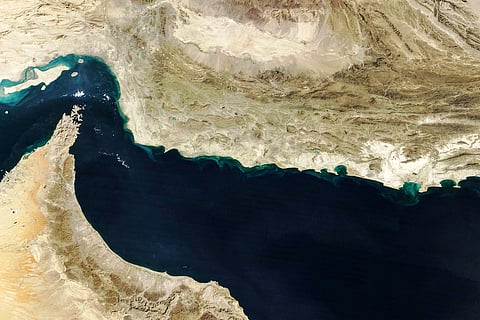The Gulf of Oman and the Makran region (C) in southern Iran and southwestern Pakistan, and the Strait of Hormuz (L) and the northern coast of Oman (bottom).