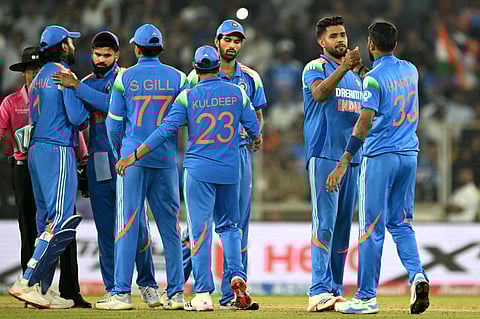 India's players celebrate after winning the third One-Day International against England in Ahmedabad last week.