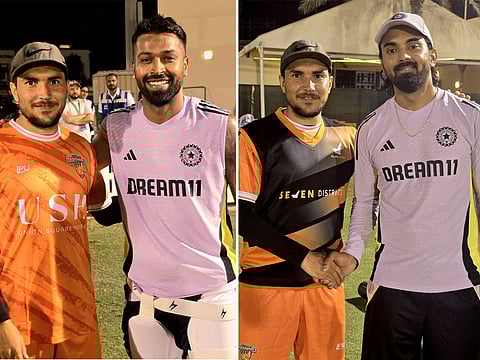 Awais Ahmed with Hardik Pandya and KL Rahul in the Dubai.