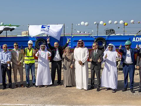 Hemant Tandon (5th from left) Aneela Tasawar, Ebrahim Rashid, Markus DeJonge and Mathew Johns during the launching ceremony of ADNOC B20 Barge, locally built by the Premier Marine Engineering Service in UAE