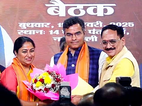 Delhi Bharatiya Janata Party (BJP) President Virender Sachdeva and party MLA Parvesh Verma congratulate Rekha Gupta on being elected as the leader of the Delhi BJP Legislative Party. She is set to become the Chief Minister of Delhi, on Wednesday.