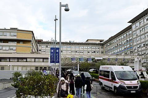 A general view shows the Gemelli hospital where Pope Francis is hospitalized for tests and treatment for bronchitis in Rome.