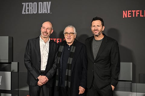 US producer Noah Oppenheim (L), US actor Robert De Niro and US producer Eric Newman (R) attend Netflix's "Zero Day" world premiere at The Plaza Hotel in New York City on February 18, 2025.