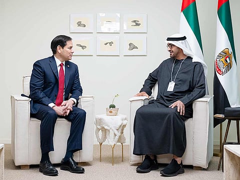 President His Highness Sheikh Mohamed bin Zayed Al Nahyan meets with US Secretary of State Marco Rubio at Adnec Centre in Abu Dhabi on Wednesday.