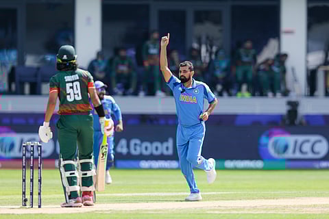 Indian bowler Mohammed Shami celebrate celebrate a wicket in  the Champions Trophy match against Bangladesh at Dubai International stadium on Thursday. Photo: Virendra Saklani/Gulf News