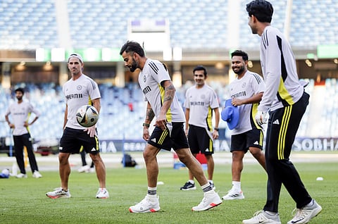 India's Virat Kohli, Shubman Gill, Rishabh Pant and teammates play football during a practice session ahead of the team's opening match against Bangladesh in the ICC Champions Trophy, 2025 at Dubai International Cricket Stadiumon Wednesday.