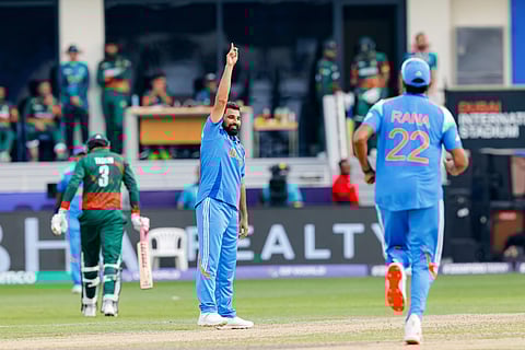 Mohammed Shami celebrates his five-wicket haul in the Champions Trophy against Bangladesh at Dubai International Stadium on Thursday.