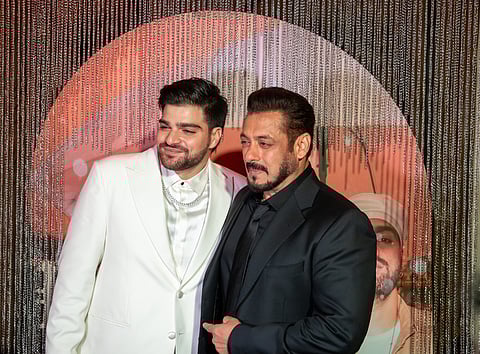 Ayaan Agnihotri with his superstar uncle from Bollywood, Salman Khan, at his music album launch in Dubai