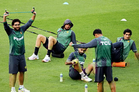 Pakistan players train ahead of their Champions Trophy match against India at Dubai International Cricket Stadium on Saturday.