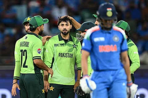 Pakistan's Abrar Ahmed (centre) celebrates with teammates after taking the wicket of India's Shubman Gill (right) during the ICC Champions Trophy in Dubai in February. The Asian giants could once again face each other three times during the Asia Cup 2025 to be hosted in UAE.