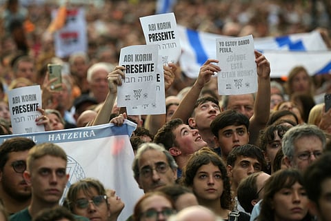 People demanding the release of all remaining hostages held in Gaza since Hamas's October 7, 2023 attack on Israel, take part in a demonstration called by the Jewish community in Buenos Aires on February 24, 2025.