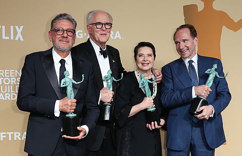 The cast of "Conclave" actors Ralph Fiennes (R), Isabella Rossellini, Sergio Castellitto (L) and John Lithgow (2L).