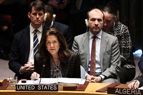 Ambassador Dorothy Camille Shea, Chargé d’Affaires ad interim of the United States, speaks during a United Nations Security Council meeting on maintenance of peace and security of Ukraine at the United Nations headquarters.
