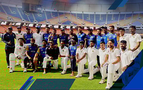 Kerala team pose for a photo after reaching the finals of Ranji Trophy 2025