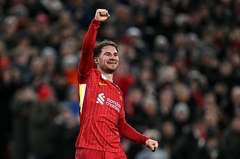 Alexis Mac Allister celebrates scoring the Liverpool's second goal