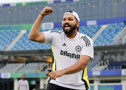India's captain Rohit Sharma during a practice session ahead of the team's opening match against Bangladesh in the ICC Champions Trophy, 2025, at Dubai International Cricket Stadium in Dubai.