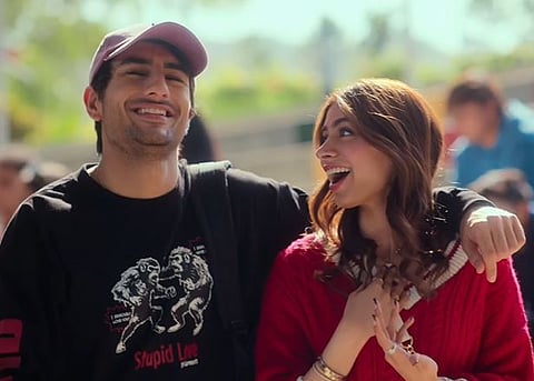 Ibrahim Ali Khan, Khushi Kapoor in a still from Nadaaniyan