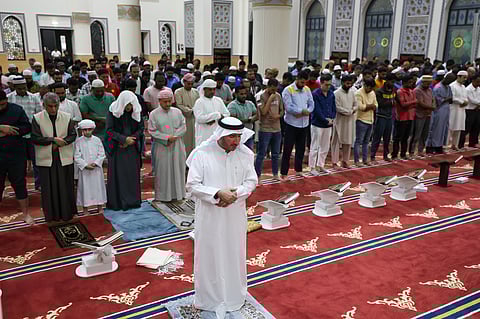 Faithful perform the prayers after Iftar on the first day of holy month of Ramadan at Al Farooq Omar Bin Al Khattab Mosque (Blue Mosque) in Dubai.