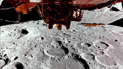 This still image taken from a February 24, 2025 video released by Firefly Aerospace shows Firefly's Blue Ghost lander on its third lunar orbit, showing the far side of the Moon and a top-down view of Blue Ghost.
