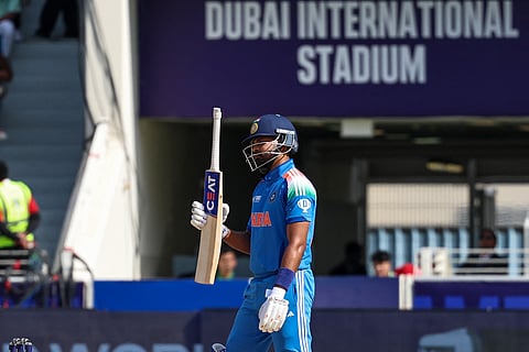 India's Shreyas Iyer celebrates his half century during the ICC Champions Trophy One-Day International (ODI) cricket match against New Zealand at the Dubai International Stadium in Dubai on March 2.