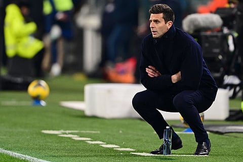 Juventus' Italian coach Thiago Motta reacts from the techincal area during the Italian Serie A football match between Juventus and Hellas Verona at the Allianz Stadium in Turin, on March 3.
