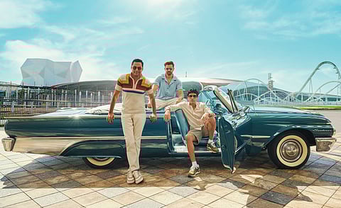 (left to right) Bollywood actors Abhay Deol, Hrithik Roshan and Farhan Akhtar re-create the magic of Zindagi Na Milegi Dobara in Yas Island
