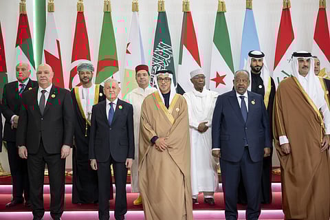 Shaikh Mansour Bin Zayed Al Nahyan, UAE Vice-President and Deputy Prime Minister, with
Qatari Emir Shaikh Tamim Bin Hamad Al Thani, Djibouti President Ismail Omar Guelleh, Iraqi President Abdul Latif Rashid and Lebanese President Joseph Aoun during the Extraordinary Arab Summit in Cairo on Tuesday.