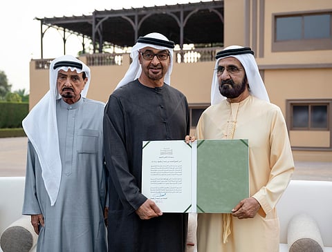 UAE President His Highness Sheikh Mohamed bin Zayed Al Nahyan with His Highness Sheikh Mohammed bin Rashid Al Maktoum, Vice President, Prime Minister and Ruler of Dubai, who has been named the first-ever recipient of the Emirates International Holy Quran Award - Personality of the Year for 2025.