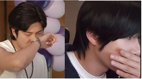 Left: BTS' RM during the 2022 anniversary dinner, where he discussed the band's plans. Right: Beomgyu from TXT, during a Weverse Live.