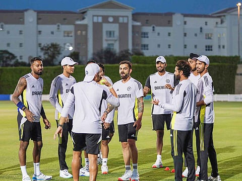 India's Virat Kohli, Shubman Gill, Hardik Pandya and other players during a practice session ahead of the ICC Champions Trophy 2025 final match against New Zealand, at Dubai International Cricket Stadium.