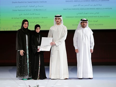One of the 120 winners of the Sheikh Rashid bin Mohammed Al Maktoum Quran Competition for School Students being honoured in Dubai.