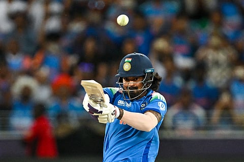 India's KL Rahul plays a shot during the ICC Champions Trophy one-day international (ODI) final cricket match between India and New Zealand at the Dubai International Stadium in Dubai on March 9, 2025.