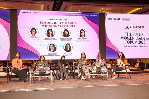 Aparna Bajpai, CEO and Founder of BeingShe (second from left); Habiba Al Mar’ashi, Chairperson of Emirates Environmental Group; Shada El Borno, Managing Director, Global Subsidiaries team for Middle East, North Africa and Pakistan (MENAP), Standard Chartered Bank; Rania Tadros, Managing Partner, Stephenson Harwood Middle East; and Sara Boueri, Group Vice President of People and Culture, CAFU, speaking at the Future Women Leaders Forum. The panel was moderated by Noni Edwards (extreme left)