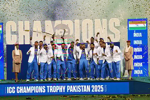 Indian team celebrate after The Champions Trophy 2025 defeating New Zealand in the final at Dubai International stadium on Sunday.