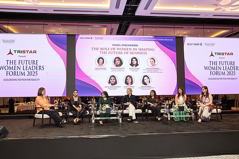 Debanjali Kamstra, Founder and Director of Veloche Global and Mrs. Earth; Anisha Sagar, Managing Partner at Créo Global; Jessica Schroeder, Head of Corporate Communications & Government Relations, Market Area Middle East & Egypt at BASF; Neeta Tarachandani, Head of Business at Doo Group; Latika Chopra, Founder & Director of Hola Keto; Nikita Taimni, Marketing and Public Relations Specialist at Inaayat, speaking at The Future Leaders Forum. The panel was moderated by Noni Edwards (Left)