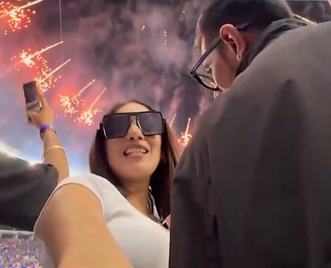 Rj Mahvash celebrating India's win with Yuzvendra Chahal. The two were also seen in actor Vivek Oberoi’s Instagram video