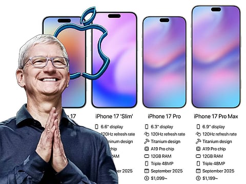 The rumoured iPhone 17 Pro Max, Pro, Slim/"Air" and the regular iPhone 17, with Apple CEO Tim Cook. Apple's leaked flagship smartphone is expected in the fall. Photo for illustrative purposes only.