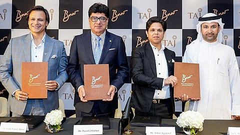 Dr. Vivek Anand Oberoi, Co-Founder and Managing Director, BNW Developments; Puneet Chhatwal, Managing Director & CEO, IHCL; Ankur Aggarwal, Chairman and Founder, BNW Developments with Abdulla Al Abdouli, CEO, Marjan