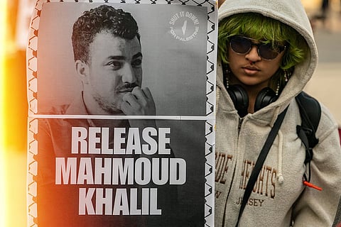 A protestor demanding the release of Mahmoud Khalil at Foley Square on March 10, 2025 in New York City.