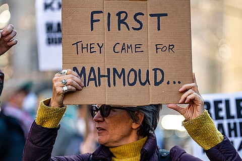 Protestors gather to demand the release of Mahmoud Khalil at Foley Square on March 10, 2025 in New York City