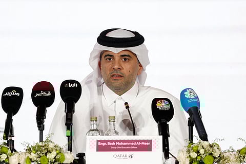 Badr Mohammed al-Meer, CEO of Qatar Airways, speaks during a press conference in which he addressed the expansion projet of Doha's Hamad International Airport, in Doha, on March 19, 2025.