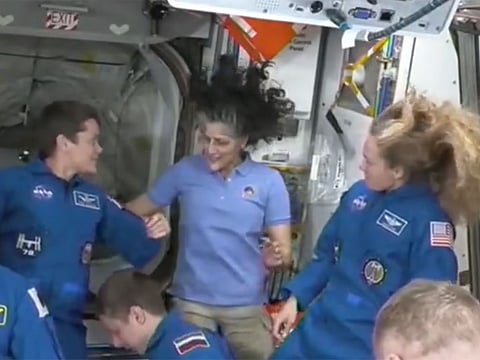 Sunita Williams with Nichole Ayers (right) and Anne McClain (left) when SpaceX Crew-10 floated into the International Space Station on Sunday.